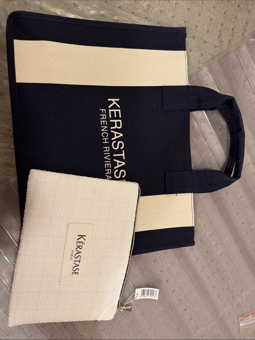 Kerastase Blue and White tote Bag and a white glitter cosmebrand bag- brand new